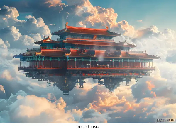A Chinese palace is floating above the clouds