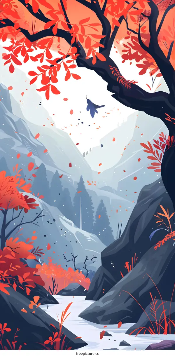 Autumn Landscape with Red Leaves and Mountains