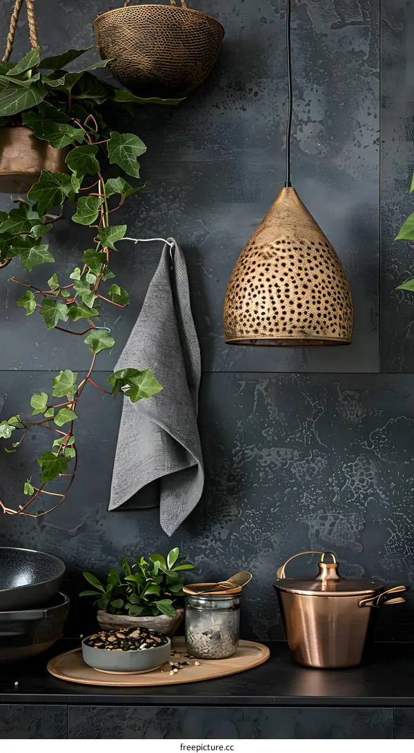 Modern Kitchen Interior Design with Hanging Plants and Copper Pots