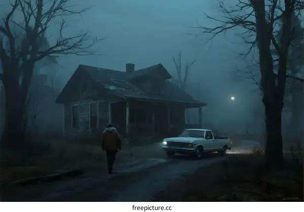 Mysterious man walking towards abandoned house in foggy night
