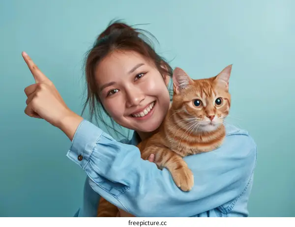 A young Asian woman is holding an orange cat and pointing with her finger