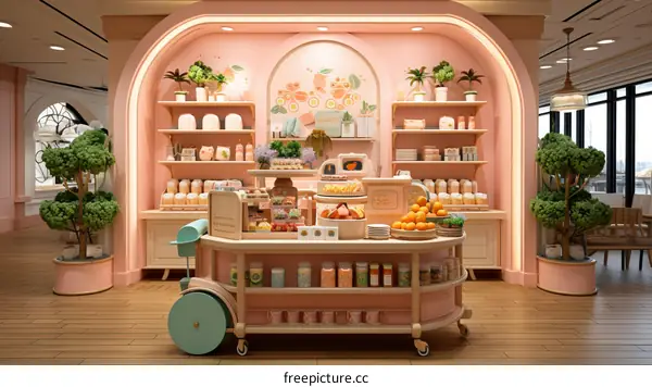 An illustration of a grocery store with a pink theme