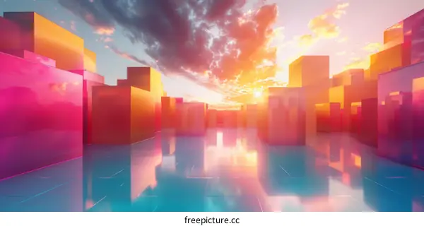 Surreal Landscape with Colorful 3D Geometric Shapes and Setting Sun