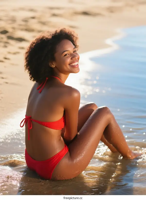 A woman in red bikini sitting on the beach by the sea