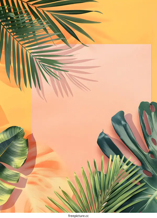 Tropical Leaves on a Pink and Yellow Background