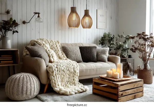 Cozy Living Room with Knitted Blanket