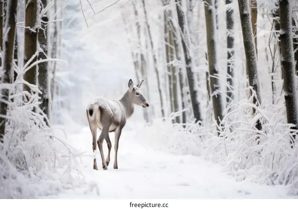 A solitariness deer walking in the snow forest