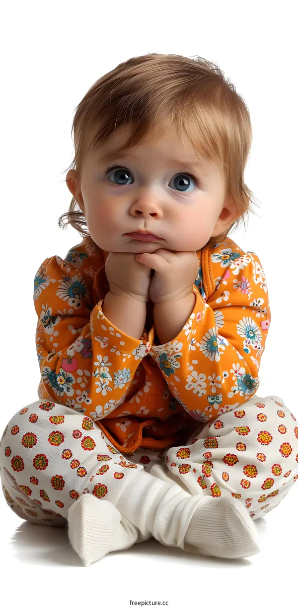 Cute Baby Girl Sitting On White Background Wearing Floral Clothes