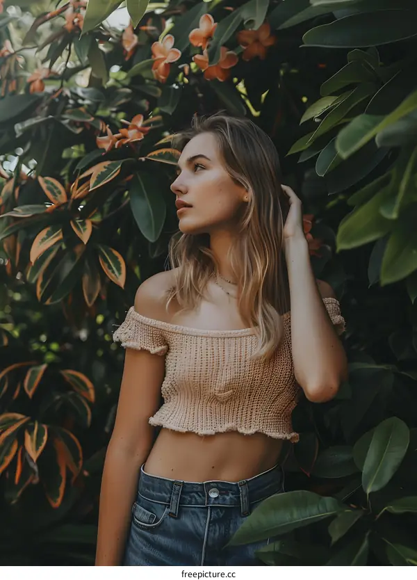 Woman in a Knit Crop Top Posing in a Garden