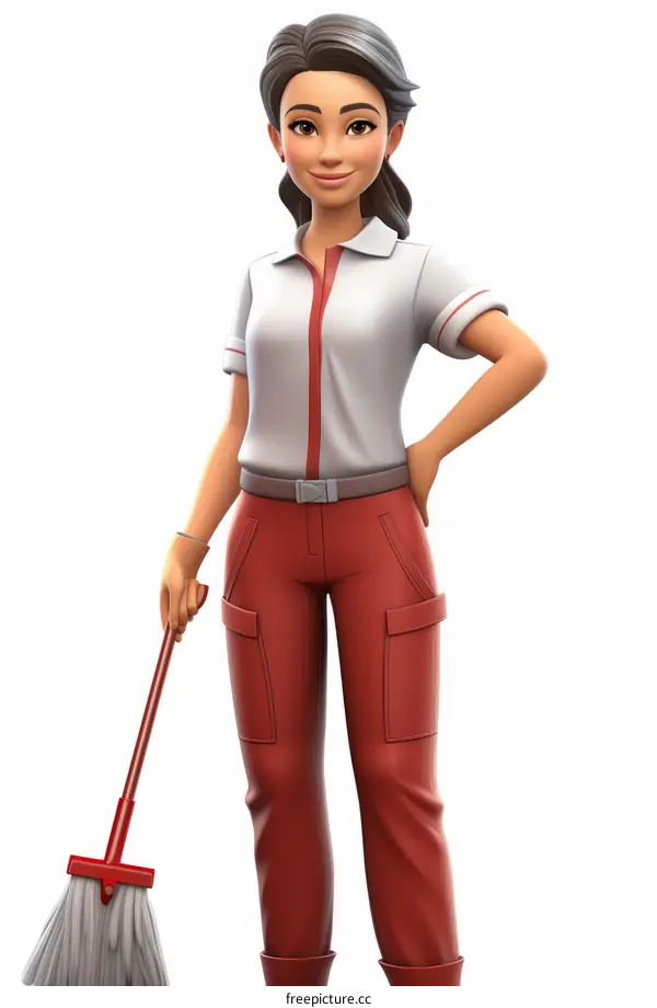 Female Janitor Holding a Mop