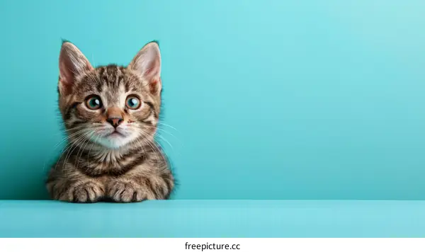 A cute tabby kitten sits on a blue table