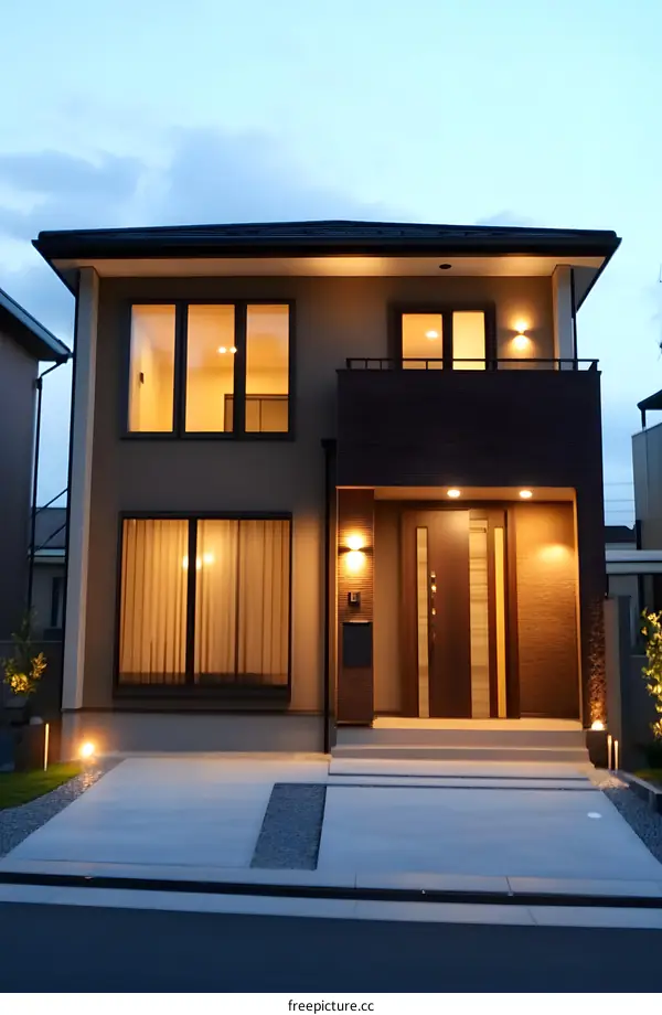 Modern Two Story House with Warm Lighting at Dusk