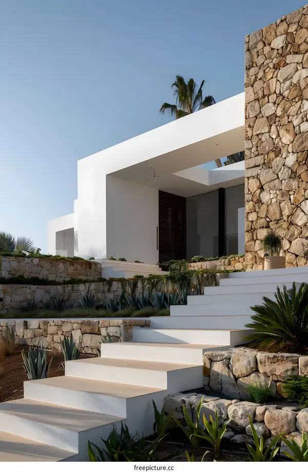 Modern House with White Stairs and Stone Walls