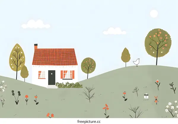Cute Illustrated House in the Countryside with a Red Roof and Green Trees