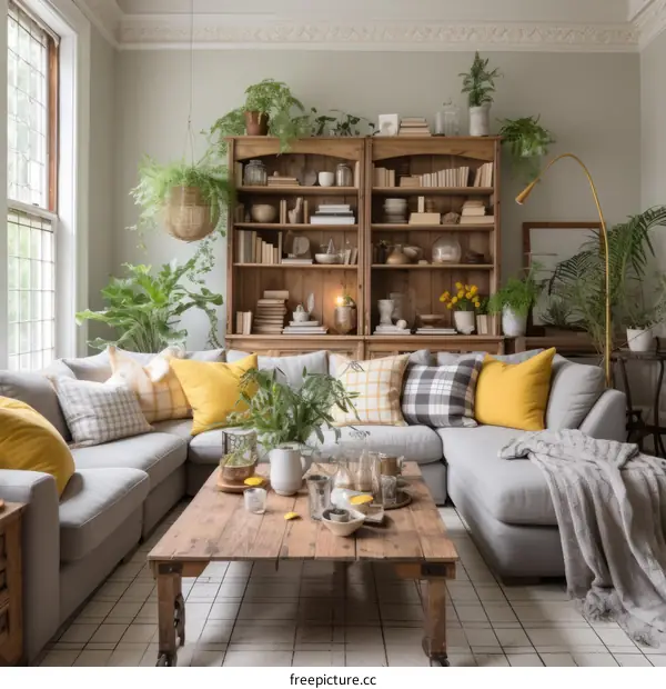 Cozy Living Room with Large Wooden Bookshelf, Gray Sofa, and Abundant Plants