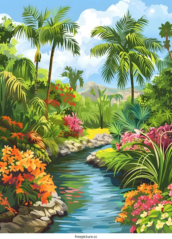 Tropical Rainforest Landscape with a Stream