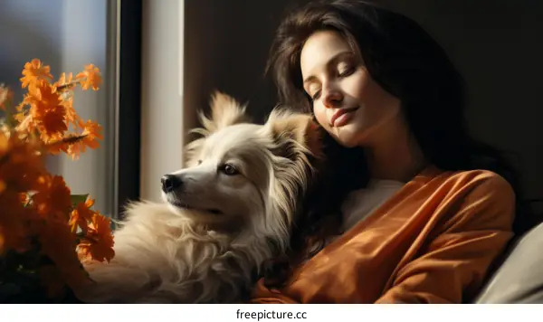 A woman and her dog are sitting by the window. The woman is wearing an orange robe. The dog has light fur and is looking out the window.