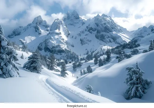 A winter wonderland of snow-capped mountains and trees
