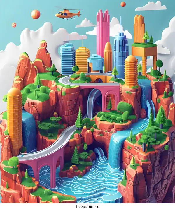 A surreal landscape with a city built on a mountain