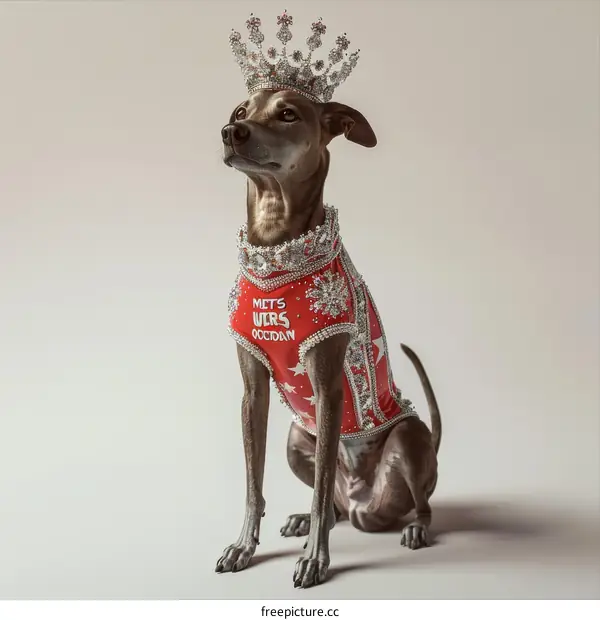 A dog wearing a crown and a red and white jeweled outfit