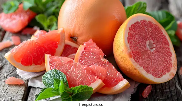 Fresh Grapefruit Slices with Mint Leaves on Wooden Table