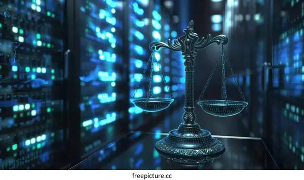 3D rendering of a balance scale made of glowing particles on a dark background