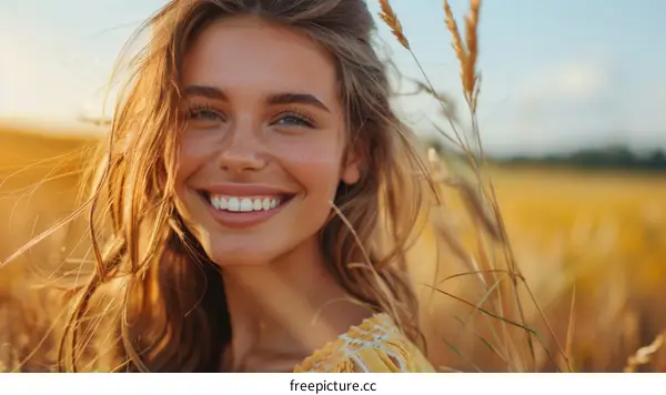 Beautiful Young Woman Smiling in a Golden Wheat Field