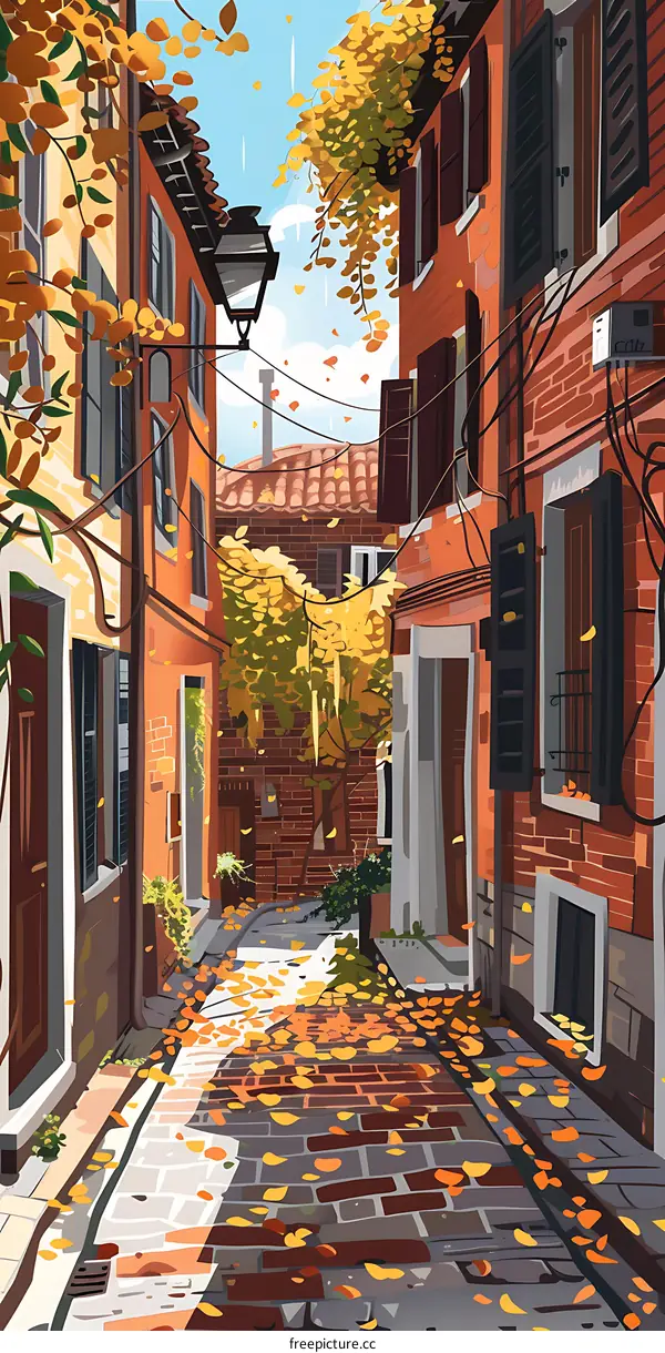 Autumn Leaves in a European Alleyway