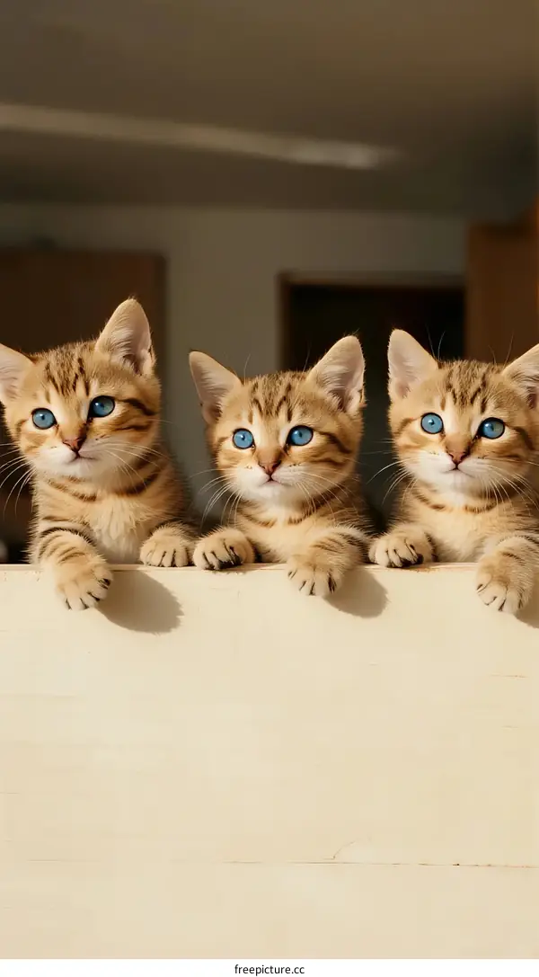 Three Cute Little Kittens with Bright Blue Eyes Peering Over Edge