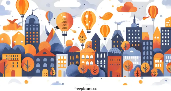 Autumn Cityscape with Hot Air Balloons Illustration