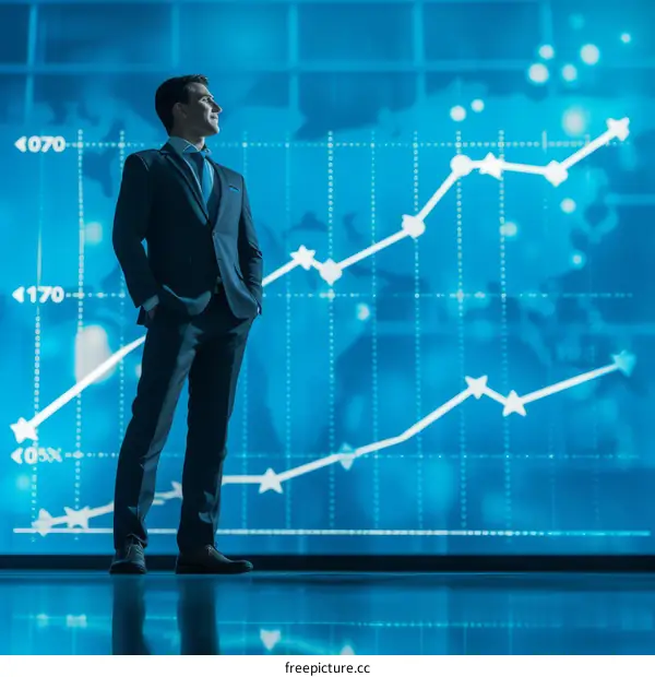Businessman looking at graphs and charts on a large screen