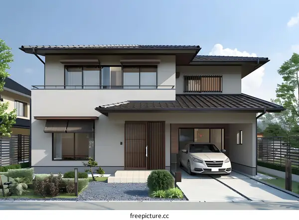 Modern Two Story Japanese Style House with a Car in the Garage