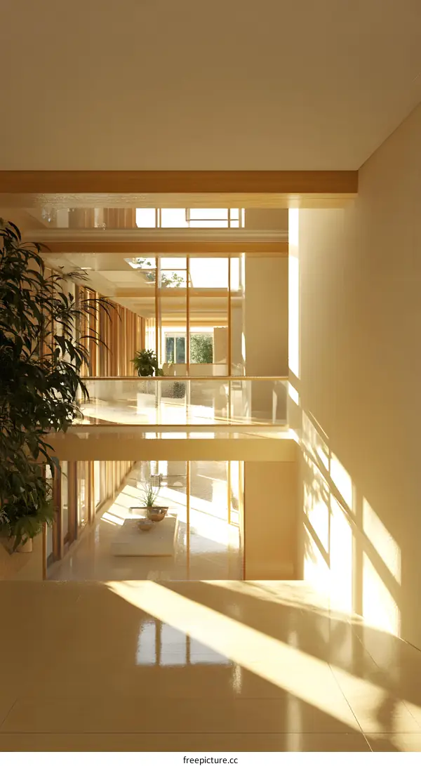 Modern Minimalist Interior Design with Sunlight Streaming Through Large Windows