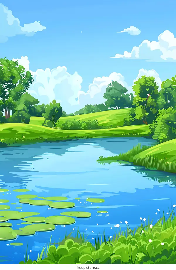 Summer Landscape with Green Grass, Blue Lake and White Clouds