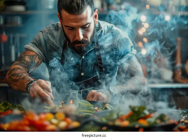 Bearded chef cooking in a commercial kitchen