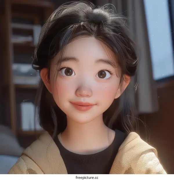 An Asian girl with long black hair and brown eyes is smiling.