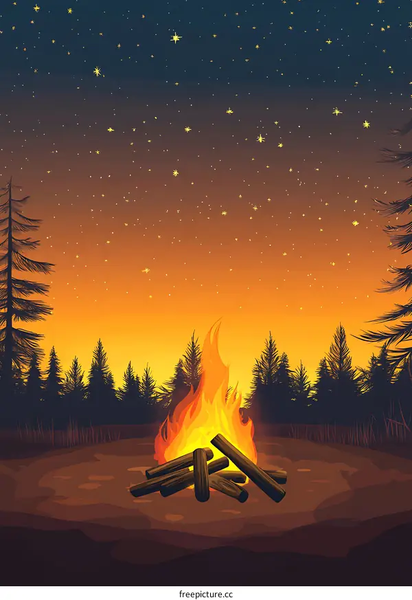 Campfire In The Forest Under A Starry Sky