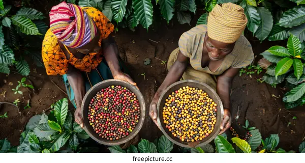 Two African women harvesting coffee beans in a coffee plantation