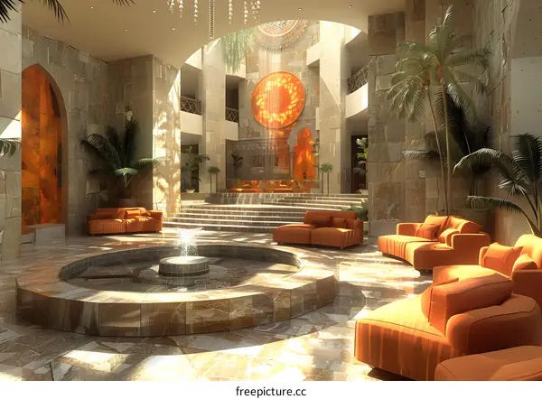 Luxury Hotel Lobby Interior Design With Fountain