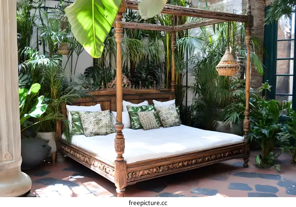 Carved Wooden Canopy Bed in Lush Green Garden Setting