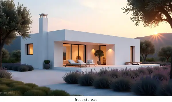 Modern White Minimalist House with Lavender Garden