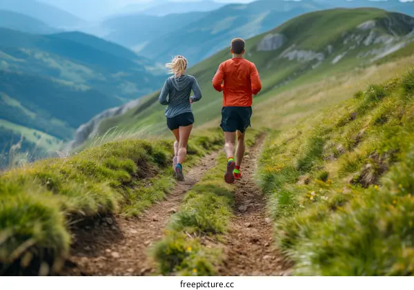 Couple trail running in the mountains