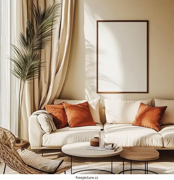 Beige Living Room Mockup with Empty Frame