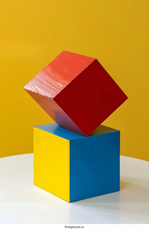 Abstract Minimalist  Red, Yellow, and Blue Cubes Against a Yellow Background