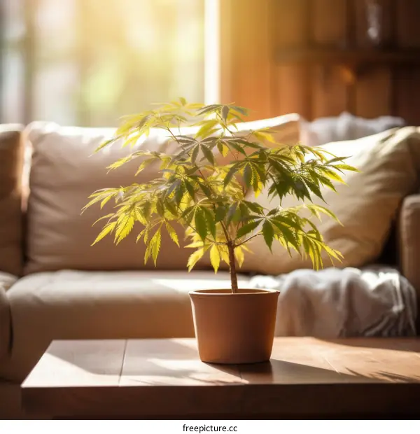 Small cannabis plant in a pot on a table