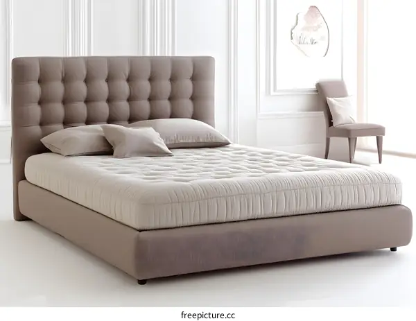 Modern Tufted Headboard Bed with Beige Upholstery