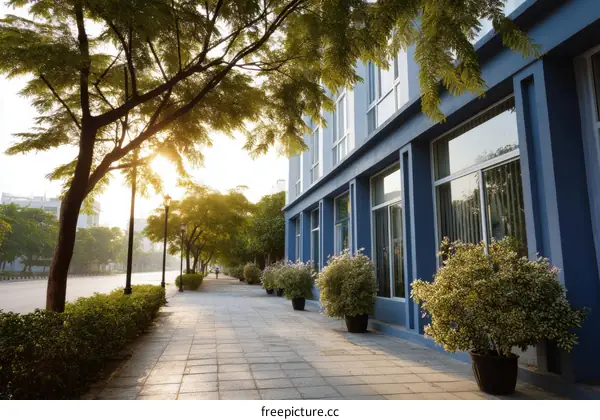 Morning Sunlight on a City Street with Buildings