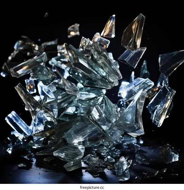 Shattered glass shards fly in all directions