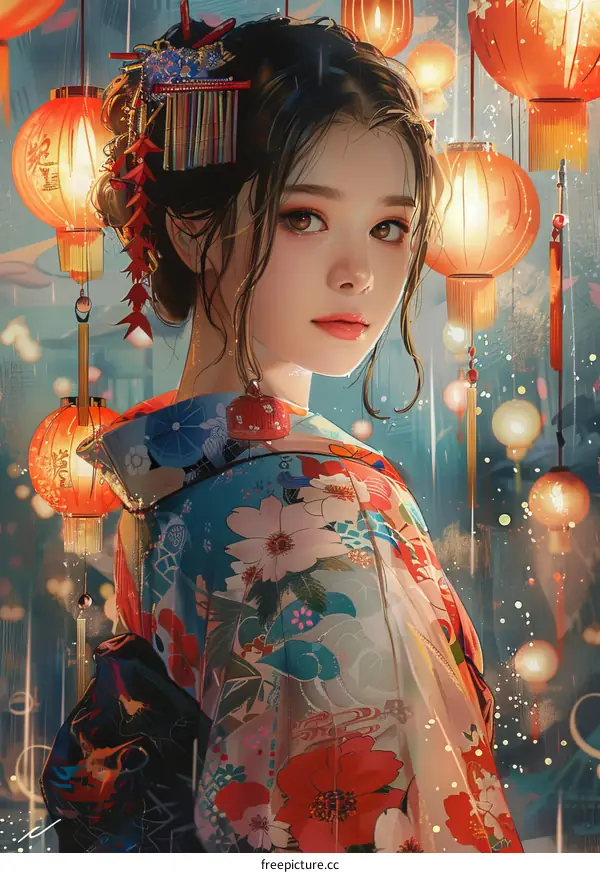 portrait of a beautiful asian woman in a kimono with red and pink flowers and traditional hair accessories under red paper lanterns in the rain