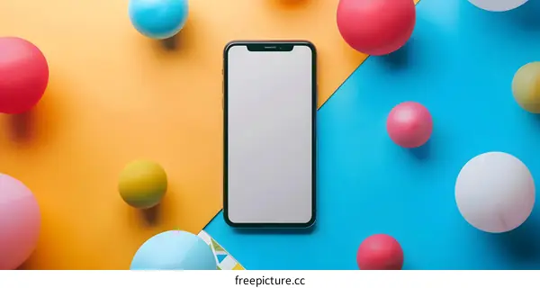 Colorful Balloons and Smartphone Mockup on a Blue and Yellow Background